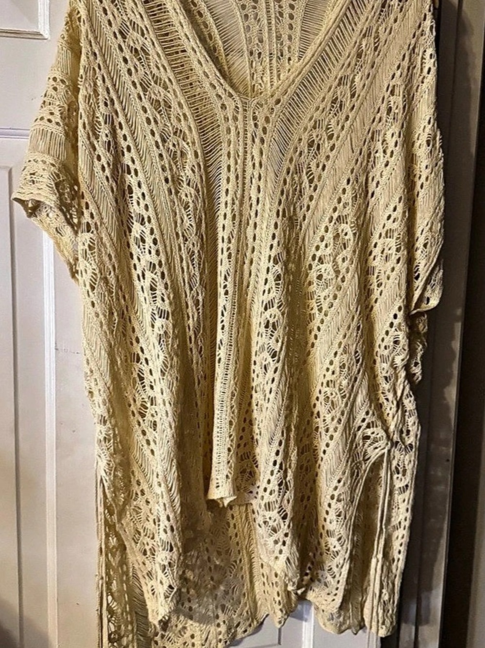 Open Knit Tassel Swim Coverup in Cream Like New. Size OS